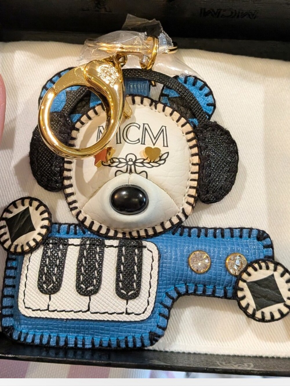 MCM Rare Blue White Black Leather Polar Bear with Gold Star and Heart Studs